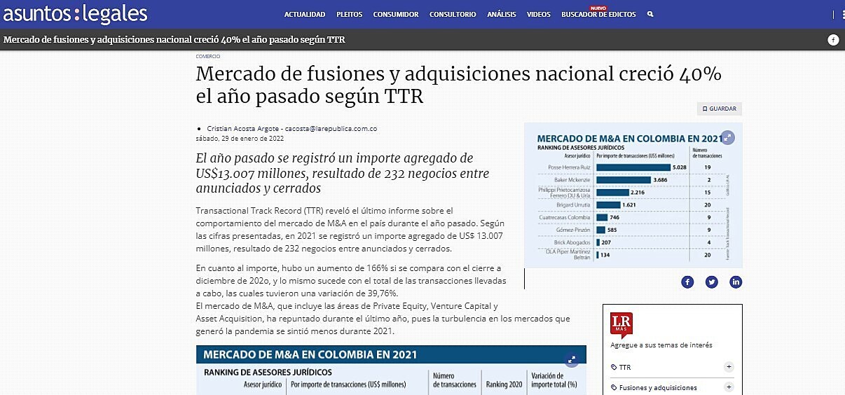 Mercado de fusiones y adquisiciones nacional creci 40% el ao pasado segn TTR